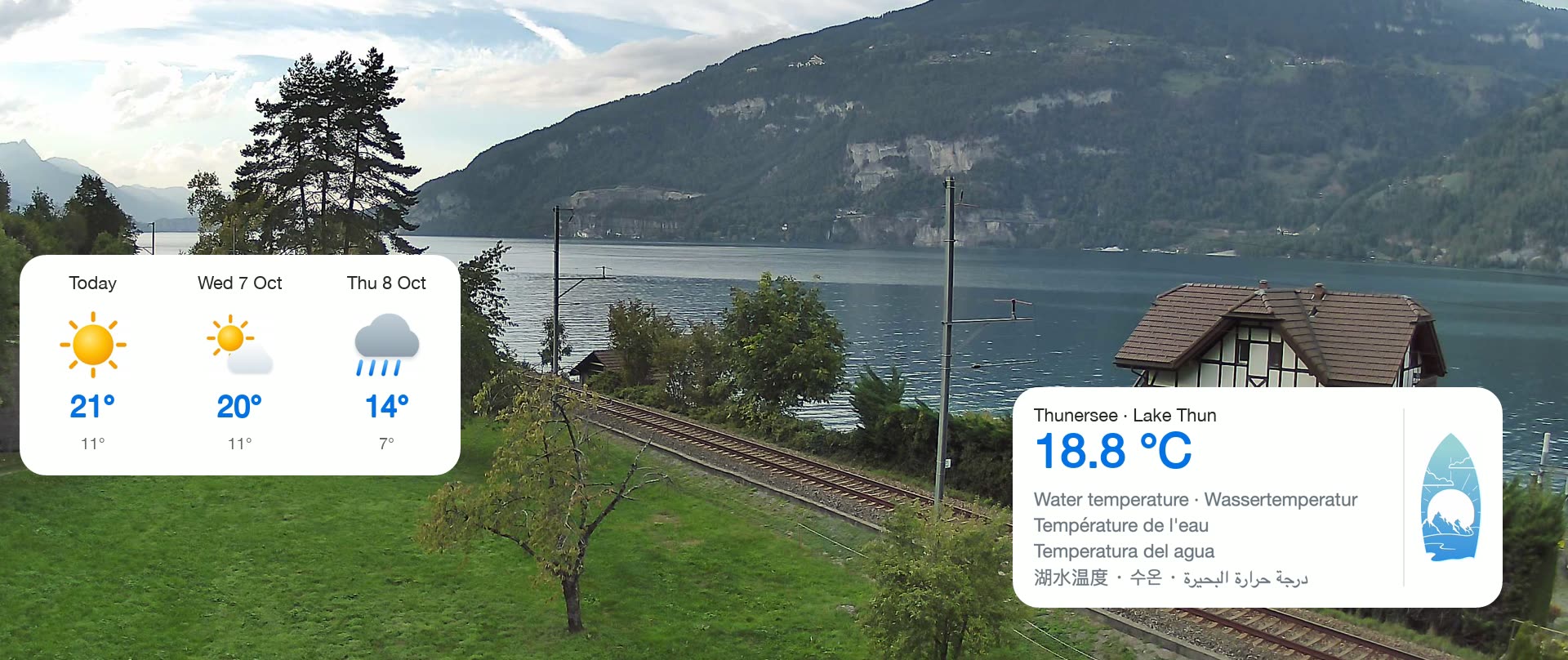 Live view of Lake Thun from the Surfers Lodge in Därligen near Interlaken, with weather and water temperature